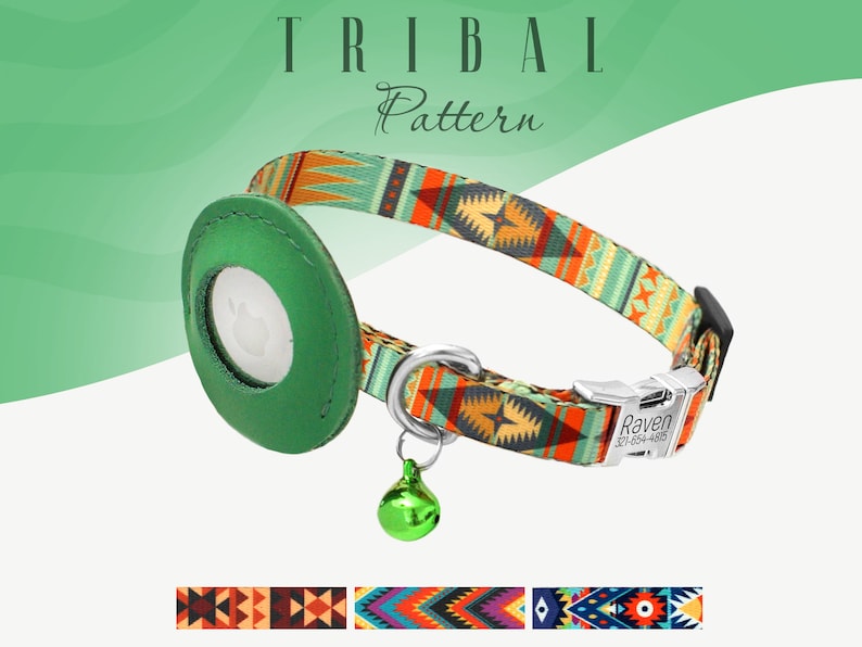May include: A green cat collar with a tribal pattern and a silver buckle. The collar has a green leather breakaway safety buckle and a silver bell. The collar is available in three different tribal patterns.