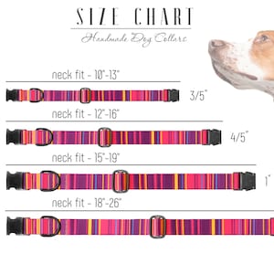 K&ouml;nnte beinhalten: Gr&ouml;&szlig;entabelle f&uuml;r handgefertigte Hundehalsb&auml;nder in verschiedenen Gr&ouml;&szlig;en, mit Halsumfangsma&szlig;en in Zoll. Die Tabelle zeigt ein rosa, lila und gelbes gestreiftes Halsband mit einer schwarzen Schnalle. Die Tabelle enth&auml;lt auch einen Hunde-Kopf im Hintergrund.