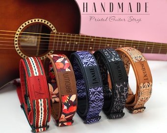 Custom Leather Guitar Strap Patterned for Acoustic Electric Bass Guitar, Personalized Gift for Musician, Engraved Crossbody Strap for Guitar