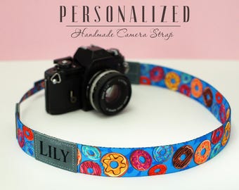 Donut Patterned Camera Strap with Engraved Name or Logo, Adjustable Camera Strap Personalized, DSLR SLR Camera Neck Strap, Birthday Gifts