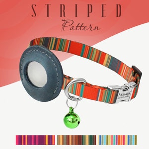 May include: A colorful striped dog collar with a blue leather breakaway buckle and a silver bell charm. The collar is made of durable nylon webbing and features a quick-release buckle for easy on and off. The collar is available in a variety of colors and patterns.