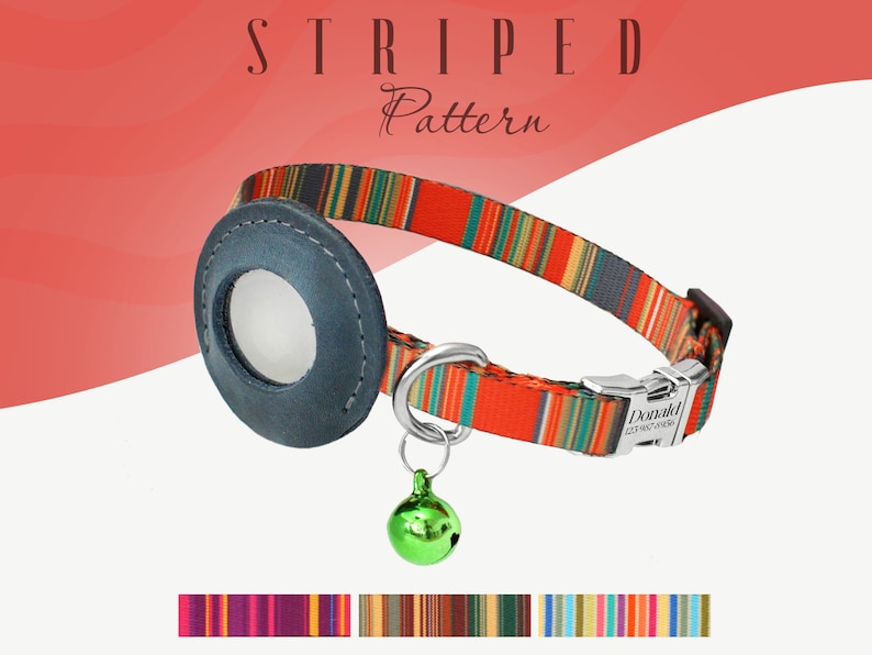 May include: A colorful striped dog collar with a blue leather breakaway buckle and a silver bell charm. The collar is made of durable nylon webbing and features a quick-release buckle for easy on and off. The collar is available in a variety of colors and patterns.