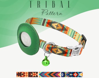 Tribal Patterns Cat Collar Customized, Personalized Cat Air Tag Collar, Adjustable Nylon Cat Collars with Leather AirTag Holder, Cat Gifts