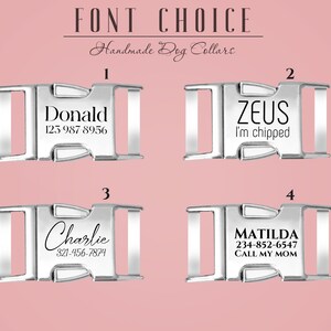 May include: Four silver dog collar buckles with different engraved text. The buckles are numbered 1 through 4. Buckle 1 reads "Donald 123-987-8956". Buckle 2 reads "ZEUS I'm chipped". Buckle 3 reads "Charlie 321-456-7874". Buckle 4 reads "MATILDA 234-852-6547 CALL MY MOM".