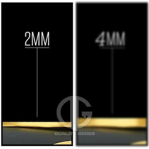 May include: Two images showing the thickness of gold trim. The left image shows 2mm trim and the right image shows 4mm trim. Both images show a gold trim on a black background.