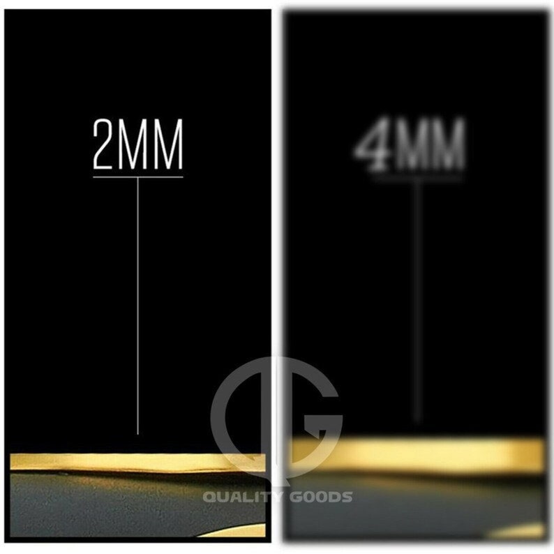 May include: Two images showing the thickness of gold trim. The left image shows 2mm trim and the right image shows 4mm trim. Both images show a gold trim on a black background.
