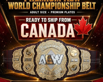 May include: A replica AEW World Championship belt featuring a large central gold plate with the AEW logo, flanked by smaller gold and silver side plates on a dark strap. The text reads PREMIUM AEW WORLD CHAMPIONSHIP BELT, ADULT SIZE, PREMIUM PLATES, READY TO SHIP FROM CANADA, SHIPS FROM CANADA, FAST SHIPPING, and TRUSTED SELLER.