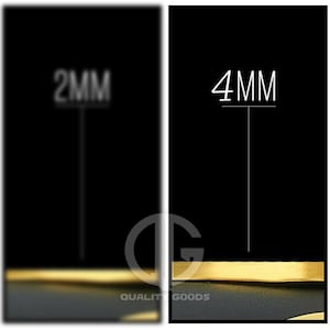 May include: Two images showing the difference in width of gold metal trim. The left image shows 2mm trim and the right image shows 4mm trim. The trim is on a black background.
