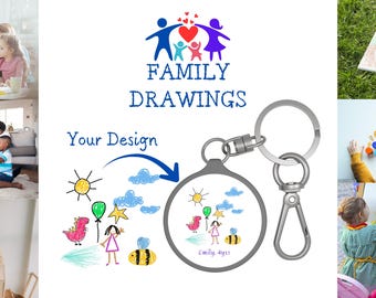 Porte-clés dessin aux crayons de couleur pour enfants, porte-clés personnalisé oeuvre de dessin d'enfants, cadeau d'anniversaire créatif original, cadeau de famille pour la fête des pères