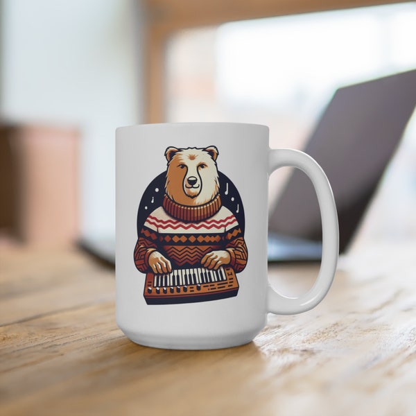 Bear with Sweater Synthesizer Mug, Unique Music Lover Gift, Bear with Synths Coffee Cup