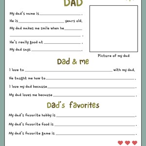All About My Dad Printable, Personalized Gift For Dad, Father's Day Activity, Kids' Activity, Birthday Gift for Dad, Instant Download