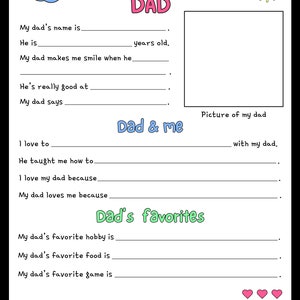 All About My Dad Printable, Personalized Gift For Dad, Father's Day Activity, Kids' Activity, Birthday Gift for Dad, Instant Download