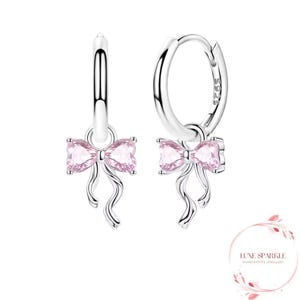 Dainty Pink Crystal Bow Hoop Earrings (Sterling Silver, Handmade UK)