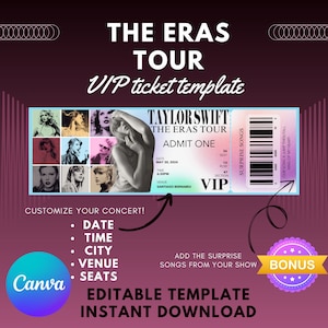 Die Eras Tour VIP-Kartenvorlage, digitaler Download, bearbeitbare Ticketvorlage, die Eras Tour