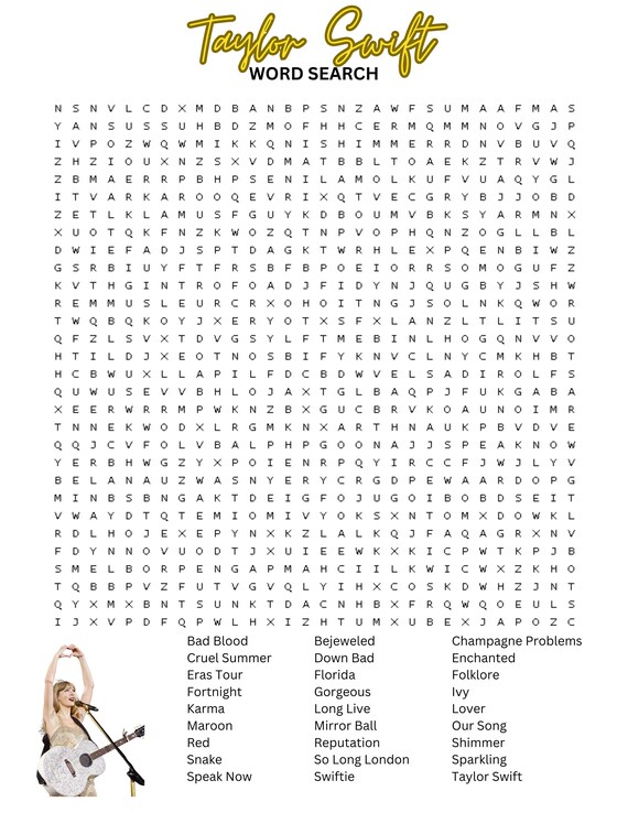 Taylor swift word search: swiftie birthday party activity (digital ...