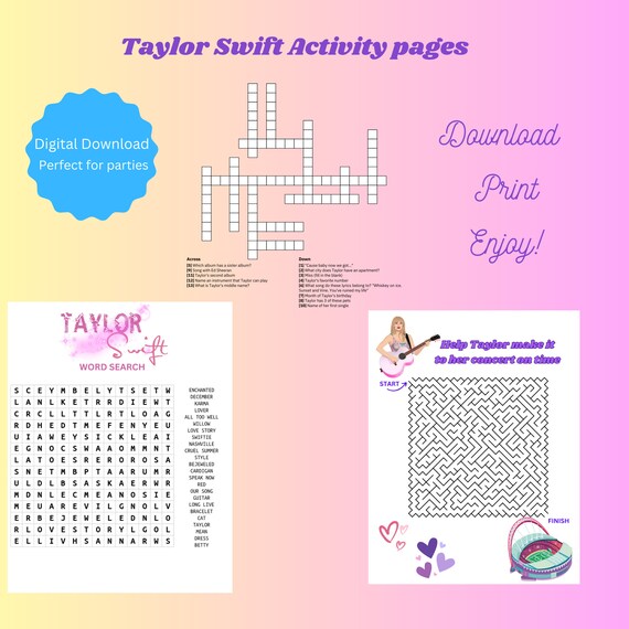 Taylor swift party activity sheets: wordsearch, crossword, maze (digital  download) - etsy