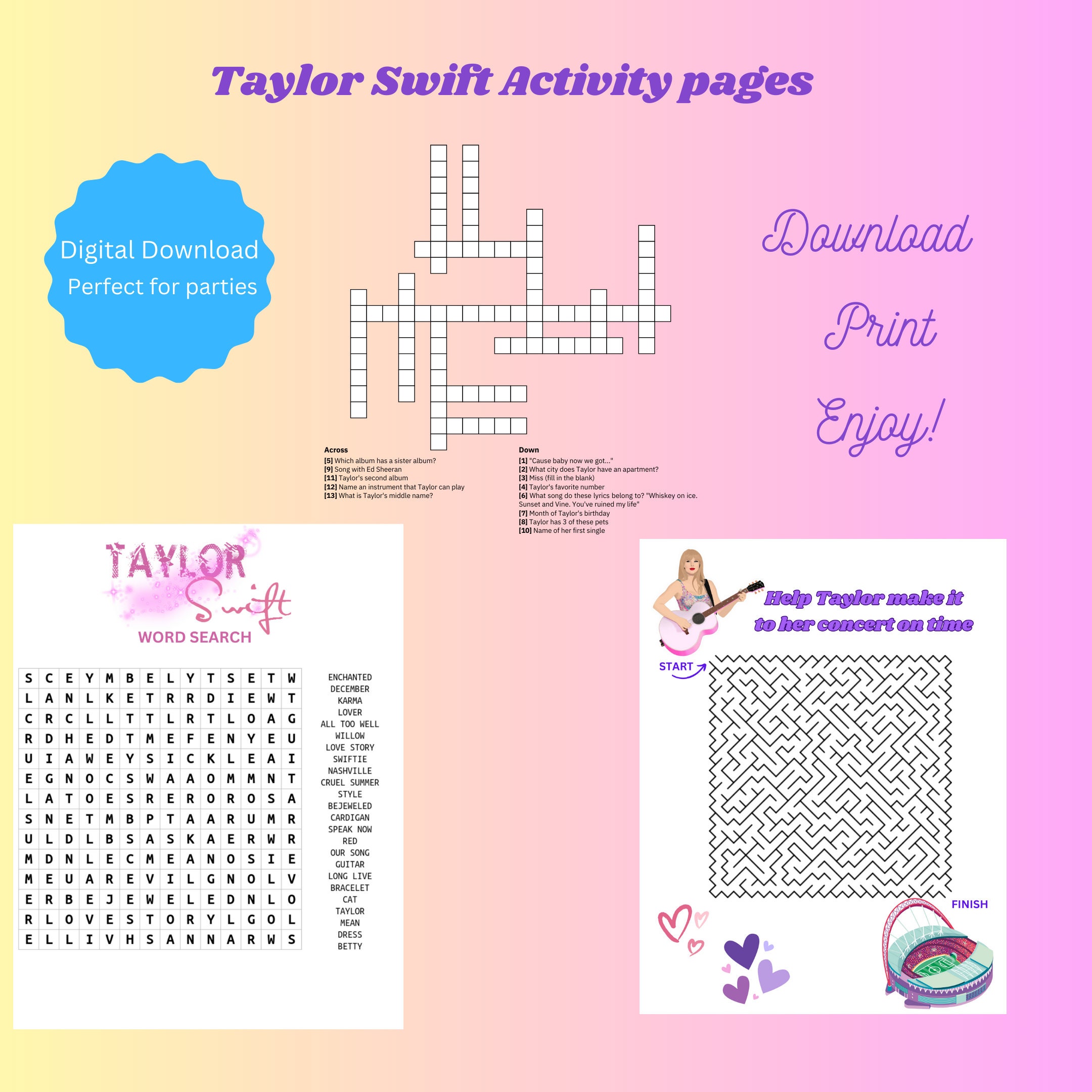 Taylor swift party activity sheets: wordsearch, crossword, maze ...