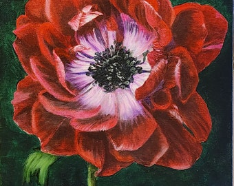 Crimson Double Petal Anemone, Original Floral Painting, by EM Xray