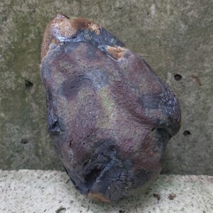 Op de afbeelding: Een onregelmatig gevormde steen met een ruwe textuur, in tinten donkergrijs, bruin en beige.