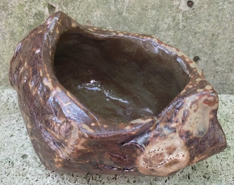 Puede incluir: Una maceta de cerámica marrón con una superficie rugosa y texturizada. La maceta tiene una forma de cuenco ancho y poco profundo y es perfecta para plantas pequeñas o suculentas.