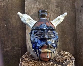 chess horn blue devil FACE JUG by Joel Patton and EM Xray