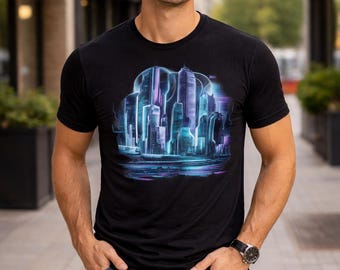 Cyberpunk Cityscape-T-shirt: neonlichten, scifi-streetwear