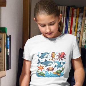 Meerestiere Cartoon Kinder T-Shirt, Walhai Oktopus Gekritzel Shirt, Ozean Meereswelt Design, strahlend blauer Himmel Kinder Geschenk, Baumwolle Kinder Top