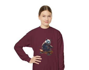 Sweat-shirt ras du cou pour jeune - Panda sur une planche à roulettes