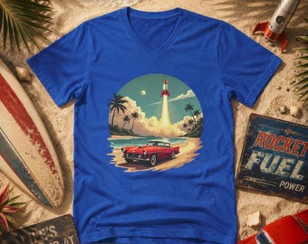 Retro Rocket Car Beach Art T-Shirt: Weltraum-Enthusiasten Geschenk