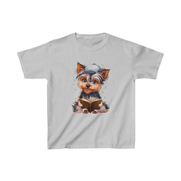 Yorkshire Terrier Libro di lettura T-shirt in cotone pesante per bambini, T-shirt per bambini con berretto carino