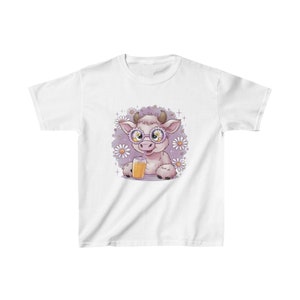 Cartoon kalf T-shirt kinderen, grillig zomerontwerp, zwaar katoenen T-shirt, schattig kalf met zonnebril, leuk bloemenshirt, speelse kleding voor kinderen
