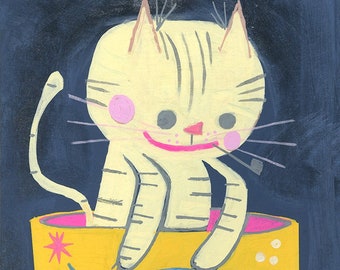 Kitty in a smoked salmon can. Limited edition print by Matte Stephens.