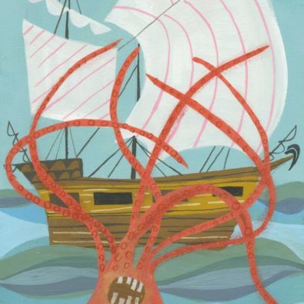 The Barnacle on her maiden voyage happened upon a lonely octopus 1765. painting by Matte Stephens.