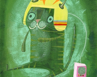 Simon in his communication helmet. Limited edition print by Matte Stephens.