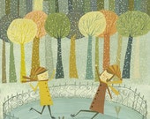 Ice skating in Central Park during the first snow of the year.   Limited edition print by Matte Stephens.
