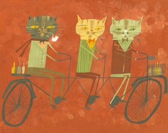 Three philosophers on a tandem bicycle. Limited edition print by Matte Stephens.