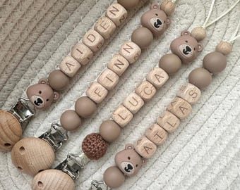 Personalised teddy bear dummy clip: wooden and silicone baby dummy holder neutral newborn gift