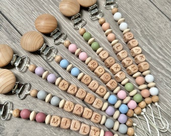 Personalised Wooden Baby Dummy Clip: Beige Silicone Pacifier Chain