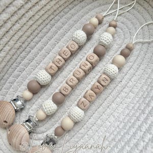 Personalised baby dummy clip: beige and brown neutral crochet bead soother chain