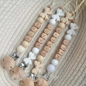 Personalised dummy clip bow: white & beige crochet bead pacifier holder