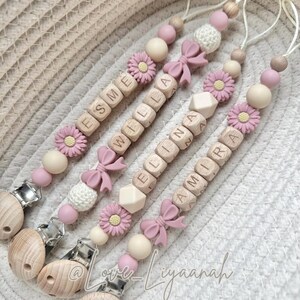 Personalised dummy clip: pink beige crochet flower bow pacifier holder image 2