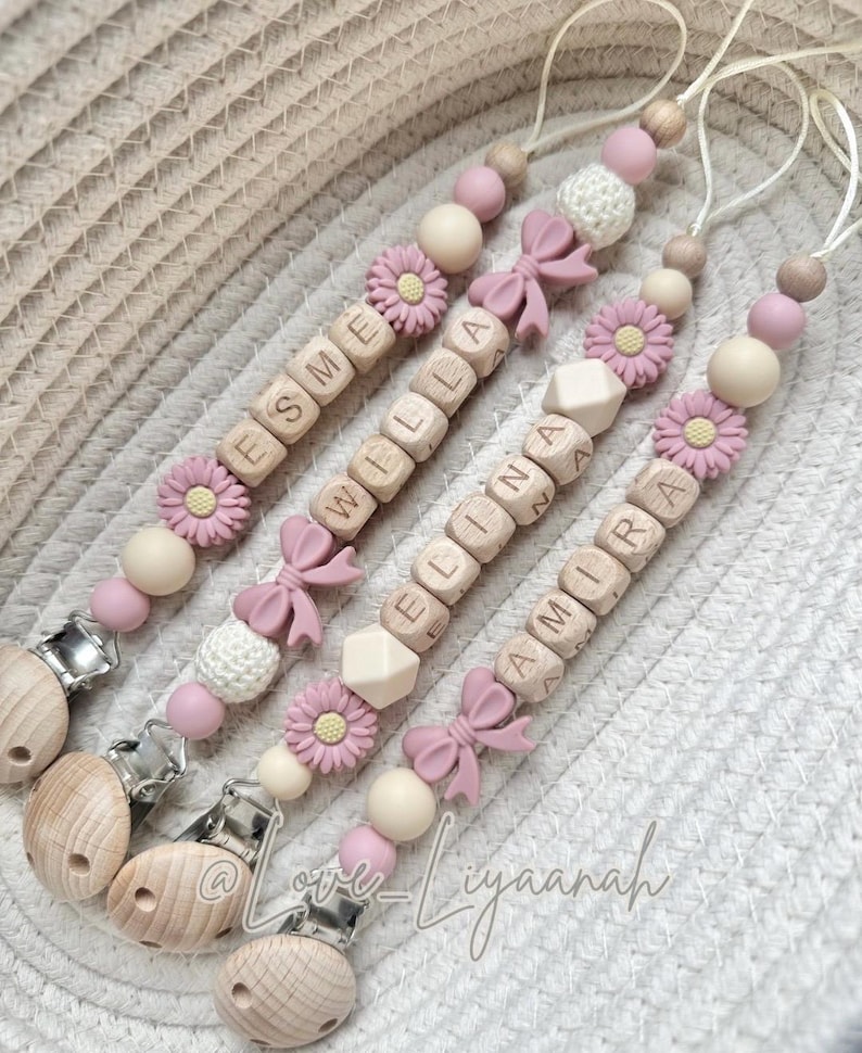 Personalised dummy clip: pink beige crochet flower bow pacifier holder image 2