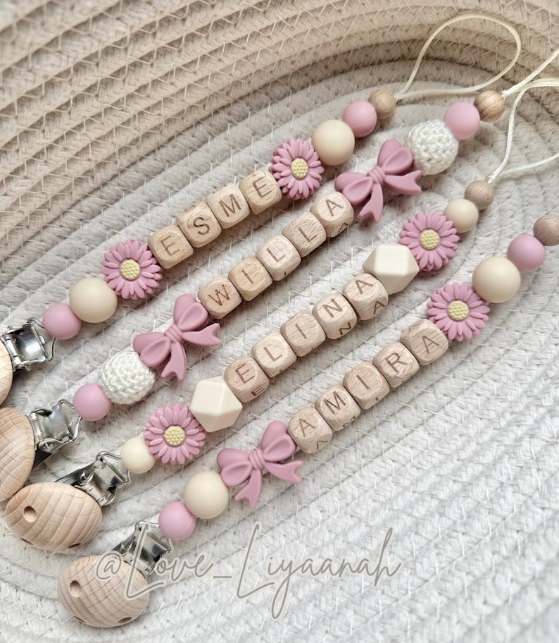 Personalised dummy clip: pink beige crochet flower bow pacifier holder image 1