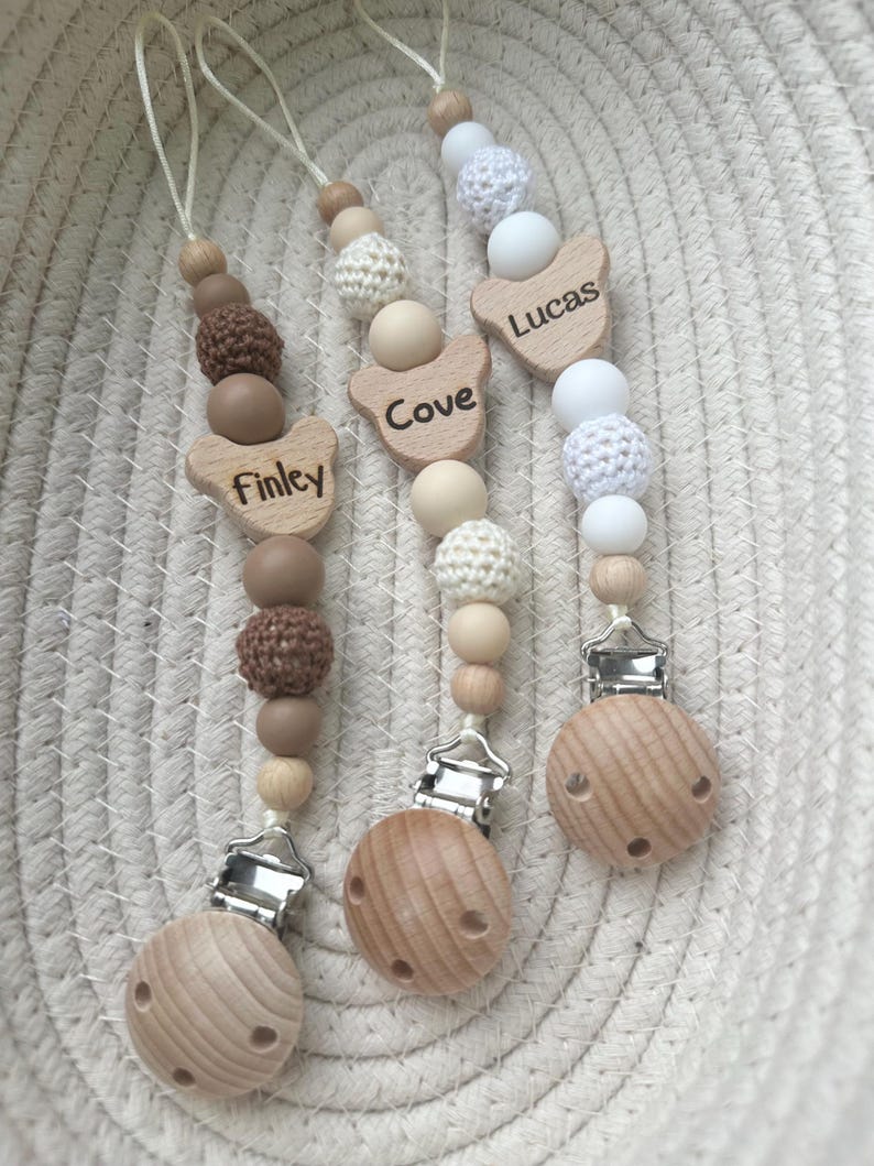 Personalised teddy bear dummy clip: engraved wooden pacifier holder image 7