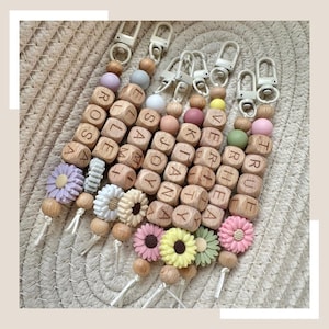 Personalised flower name keychain: beaded school bag tag