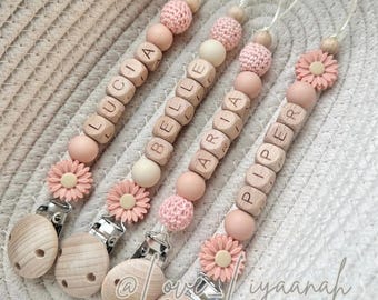 Personalised flower daisy dummy clip: peach crochet beaded pacifier holder