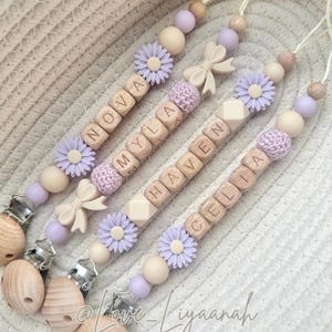 Personalised baby dummy clip: lilac crochet beads, flower bow pacifier holder