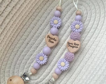 Personalised daisy flower dummy clip: engraved bead, lilac crochet detail