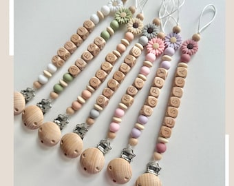 Gepersonaliseerde bloem madeliefje fopspeenclip: boho fopspeenketting babymeisje