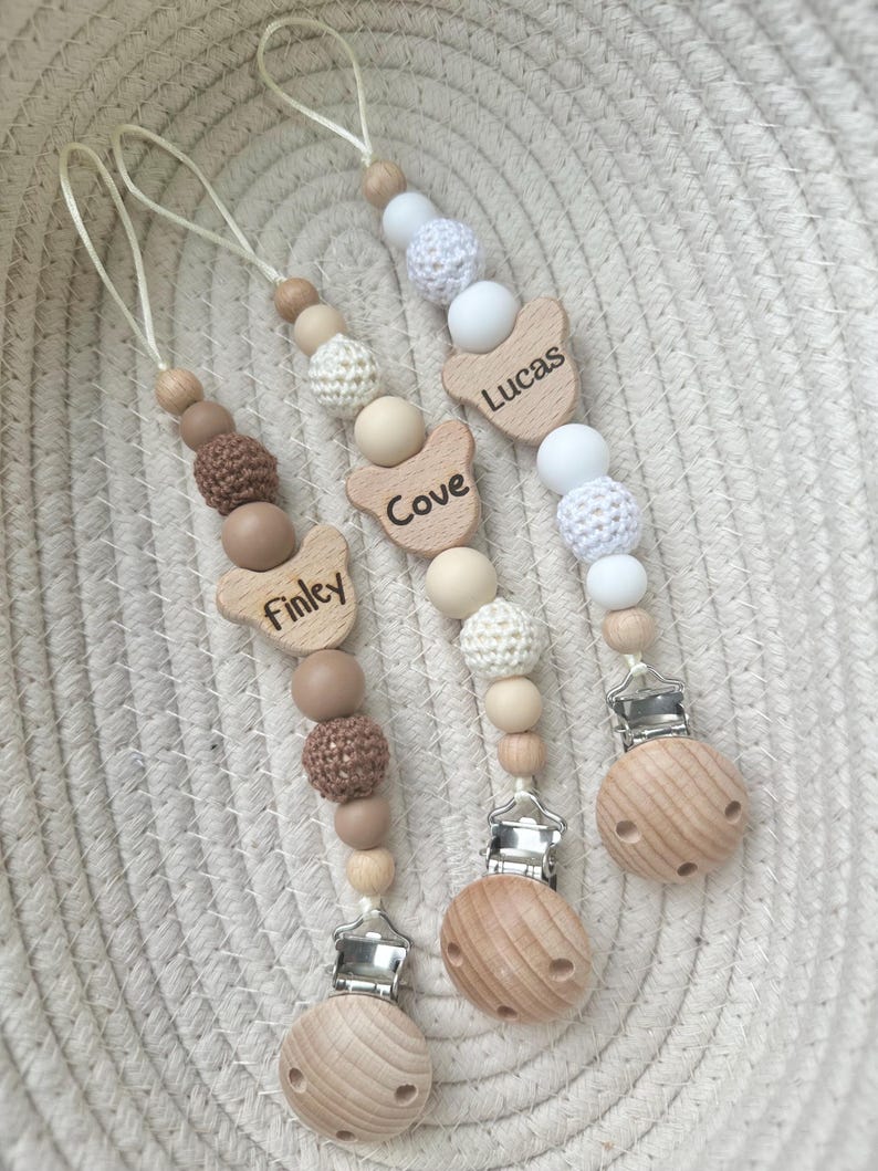 Personalised teddy bear dummy clip: engraved wooden pacifier holder image 6